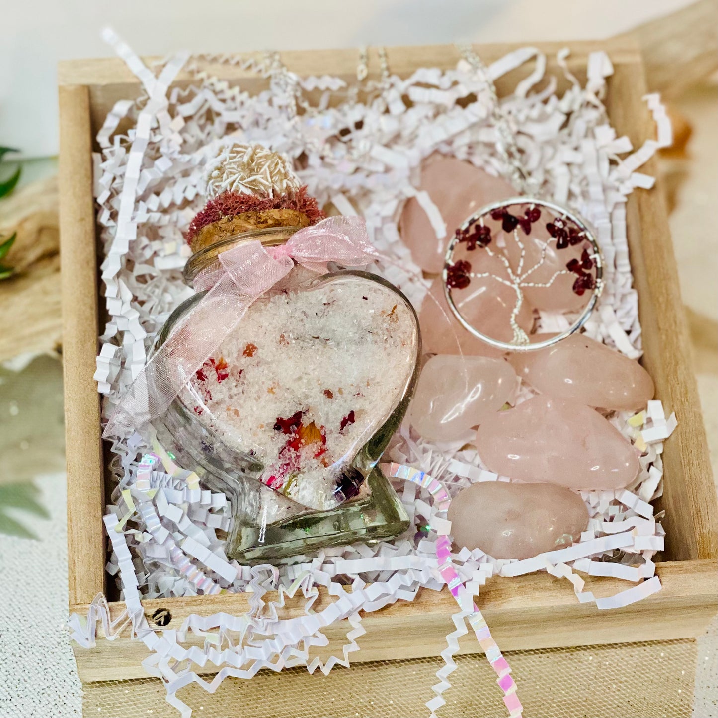 Harmony and Love Gift Set: Heart-Shaped Bath Salts with Desert Rose Crystal, Rose Quartz Tumbled Stones, and Tree of Life Necklace