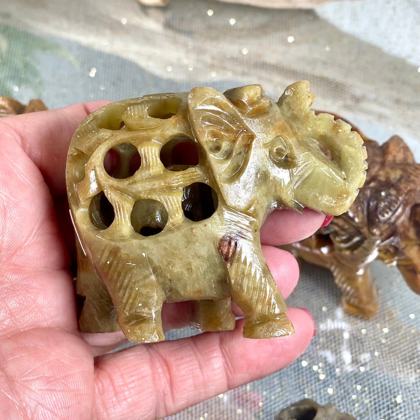 Intricate India Soapstone Elephant with Baby Inside for Peace and Calming