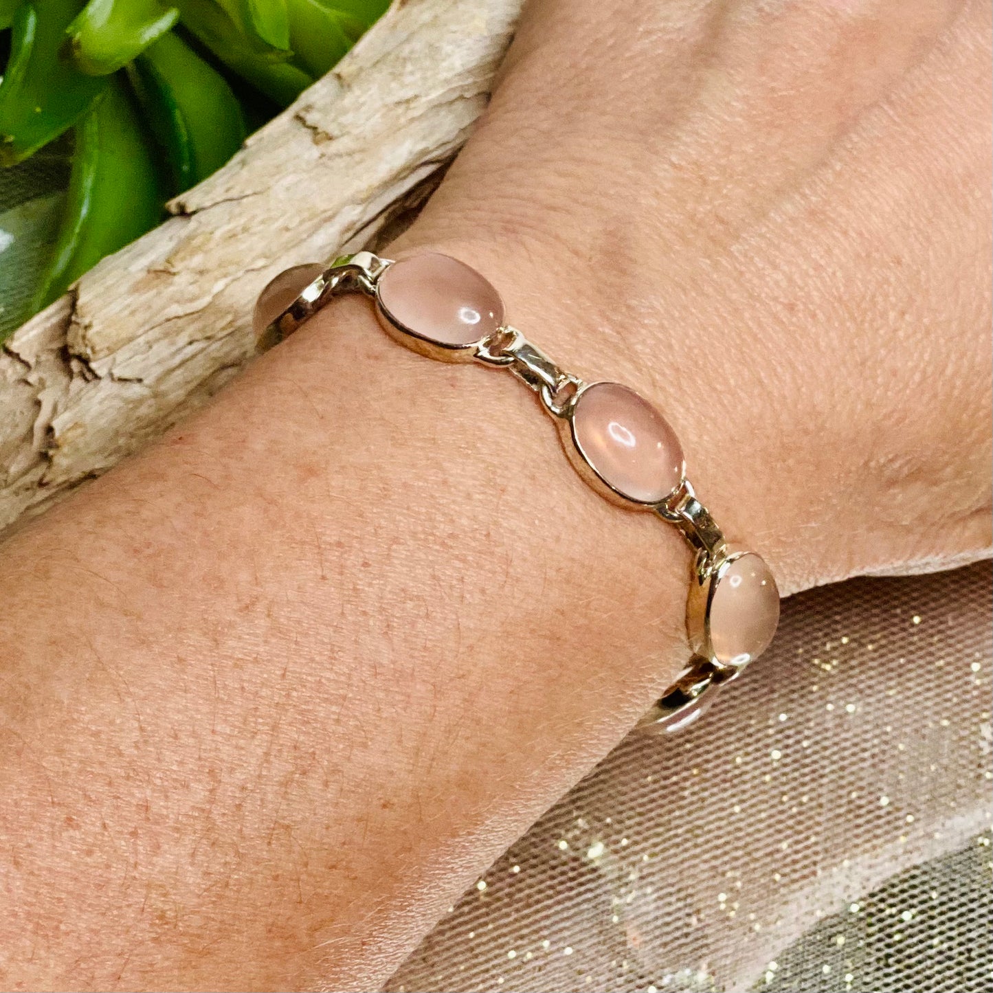 Rose Quartz Sterling Silver Bracelet with 6 Cabochons and Toggle Clasp