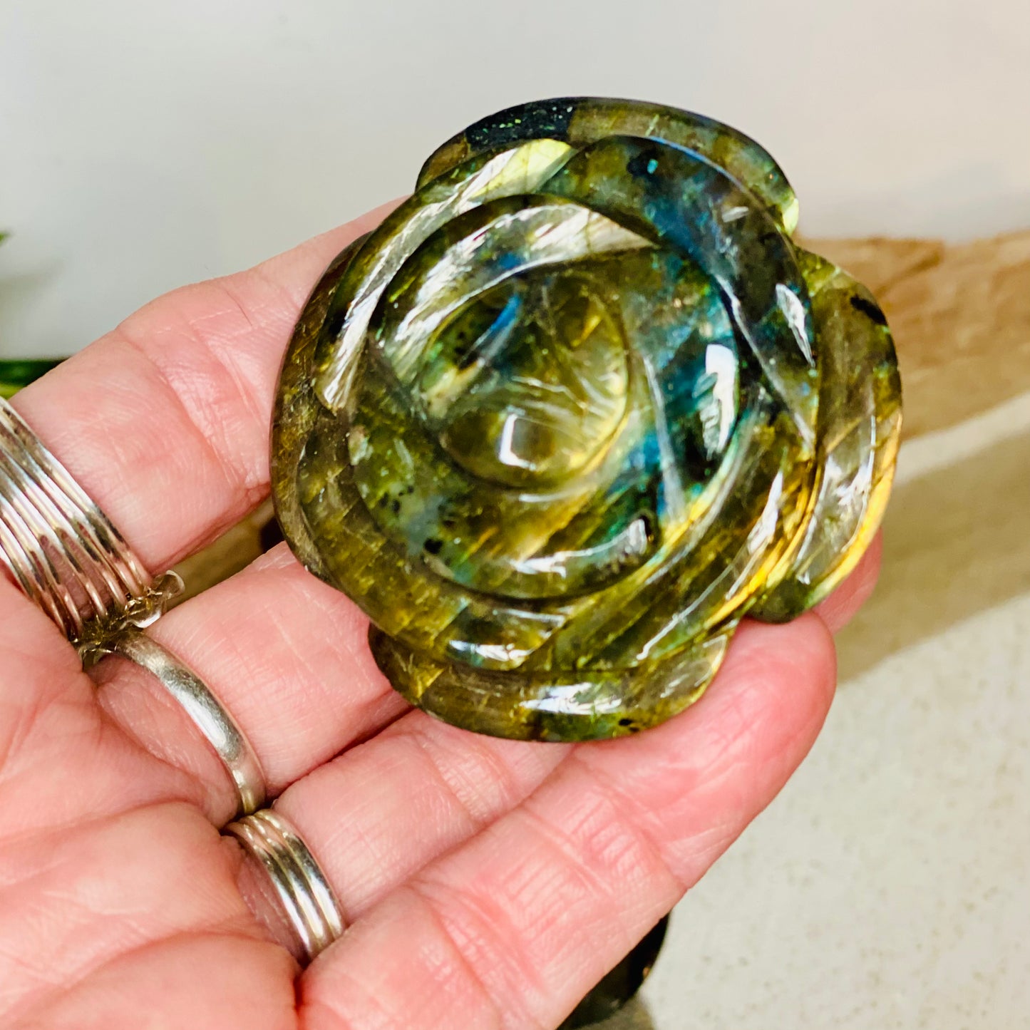 Meticulously Carved Labradorite Crystal Rose for Enhanced Intuition