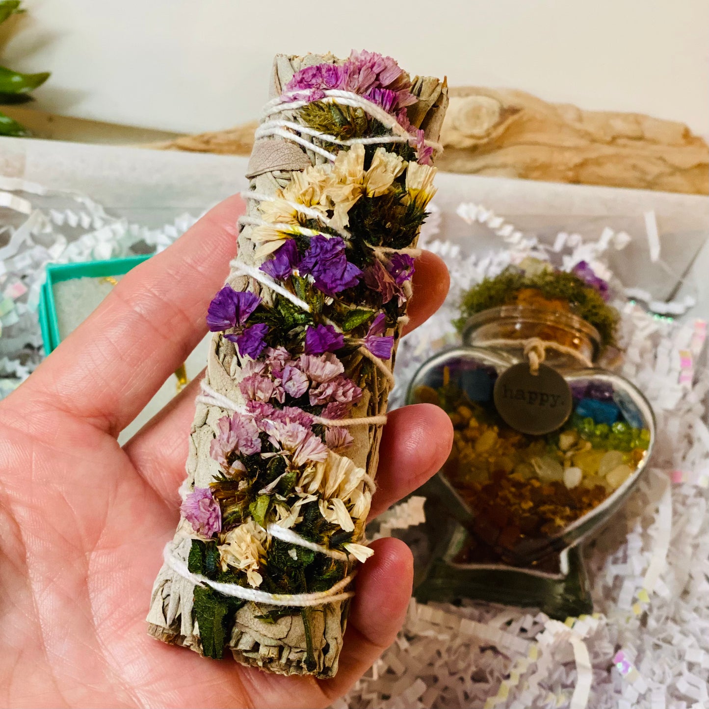 Serenity & Spirit Happy Harmony Gift Set: Sage Bundle, Amethyst Druzy Necklace, and Chakra Crystal Infused Heart Jar