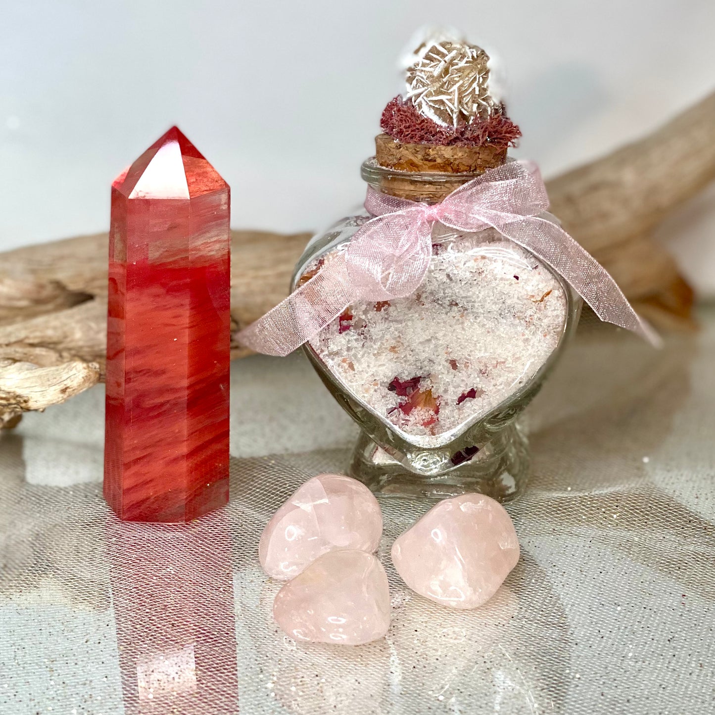Serenity Gift Set: Custom Bath Salts with Heart-Shaped Crystal Jar, Watermelon Quartz Tower, and Rose Quartz Crystals