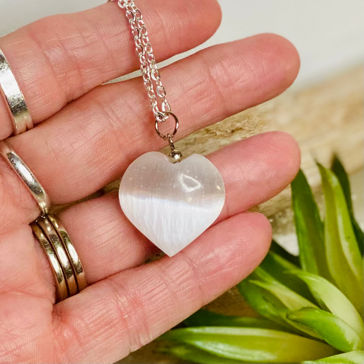 Selenite Crystal Heart Necklace with 18” Chain for Serenity and Peace