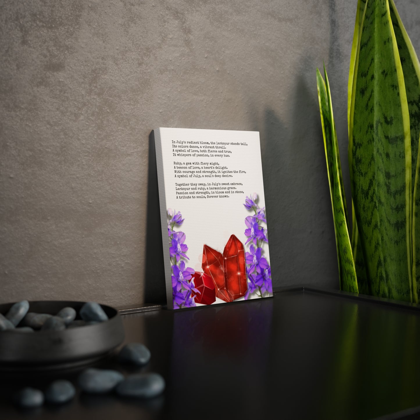 July Birth Month Poetry Canvas Tile Print - Birth Flower and Gemstone Design