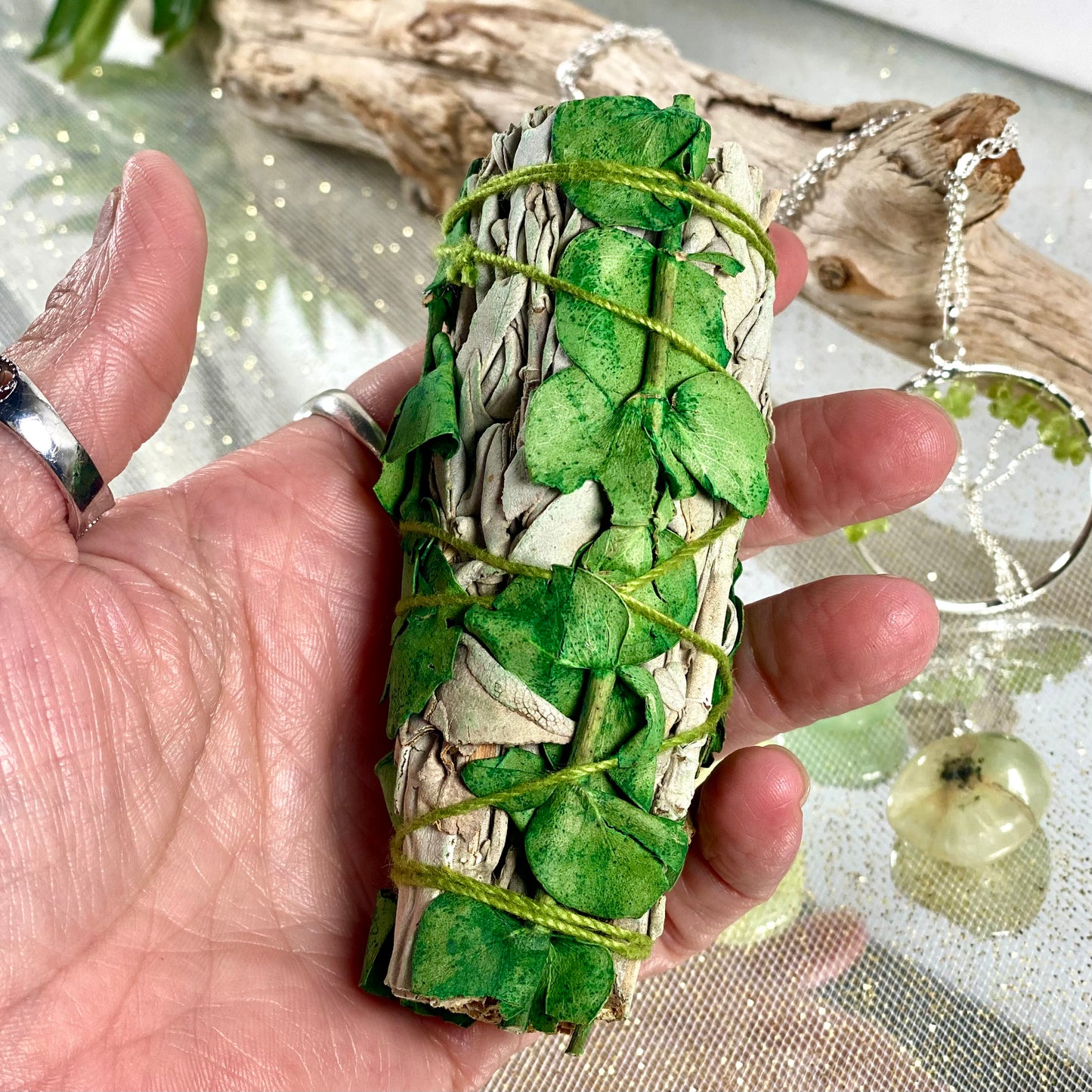 Peridot Tree of Life Necklace with Prehnite Stones & Sage Bundle - Harmony Gift Set