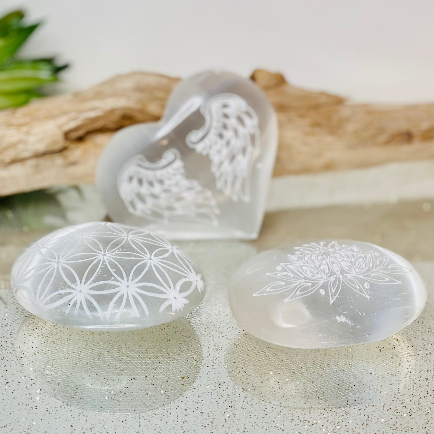 Selenite Carved Hearts & Palm Stones-CBTS