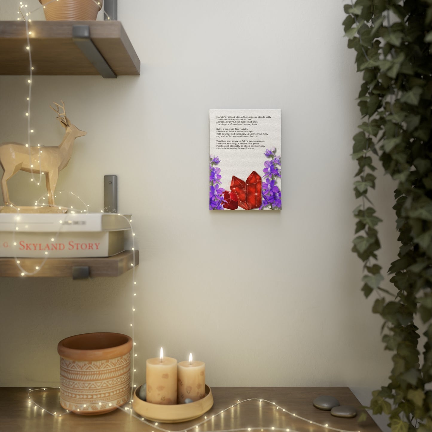 July Birth Month Poetry Canvas Tile Print - Birth Flower and Gemstone Design