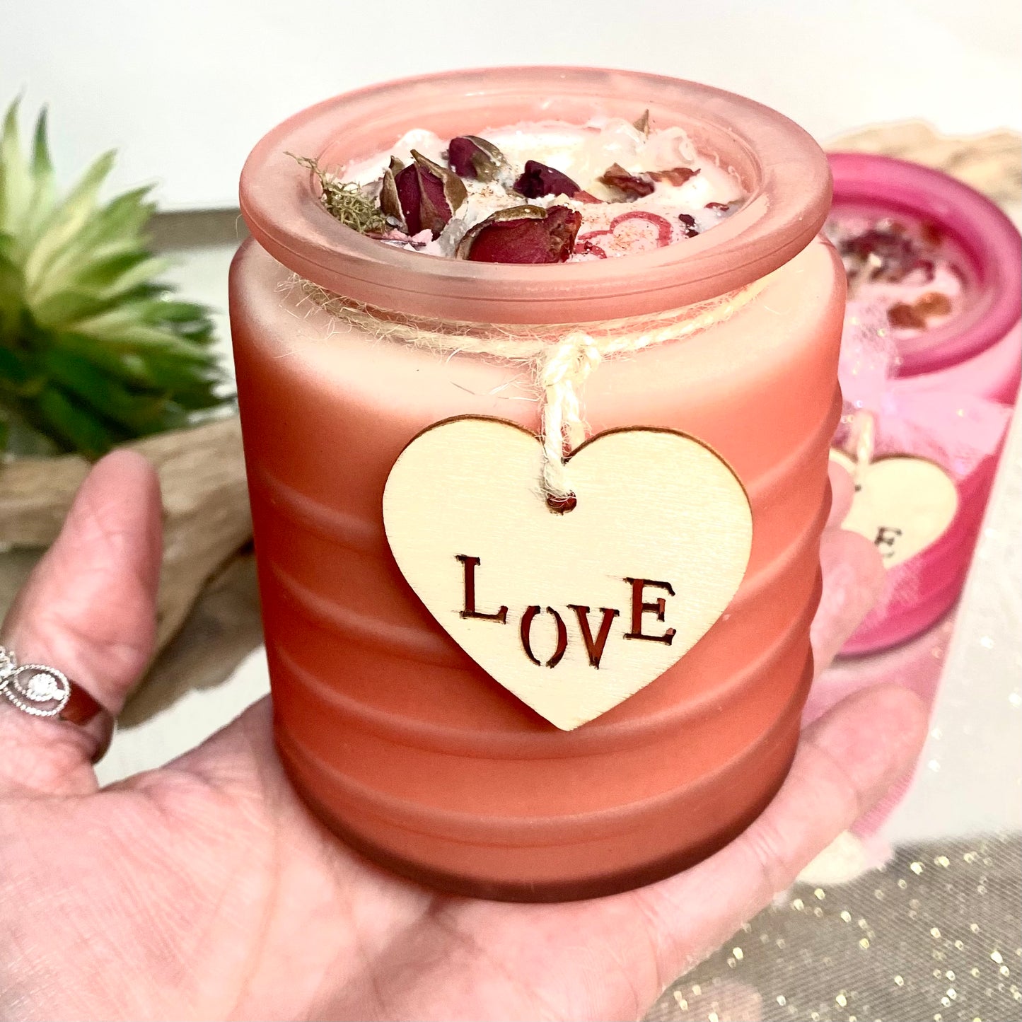 Trio of Love Gift Set: Decorated Love Candle, Heart Jar Bath Salts, Rose Quartz Crystal
