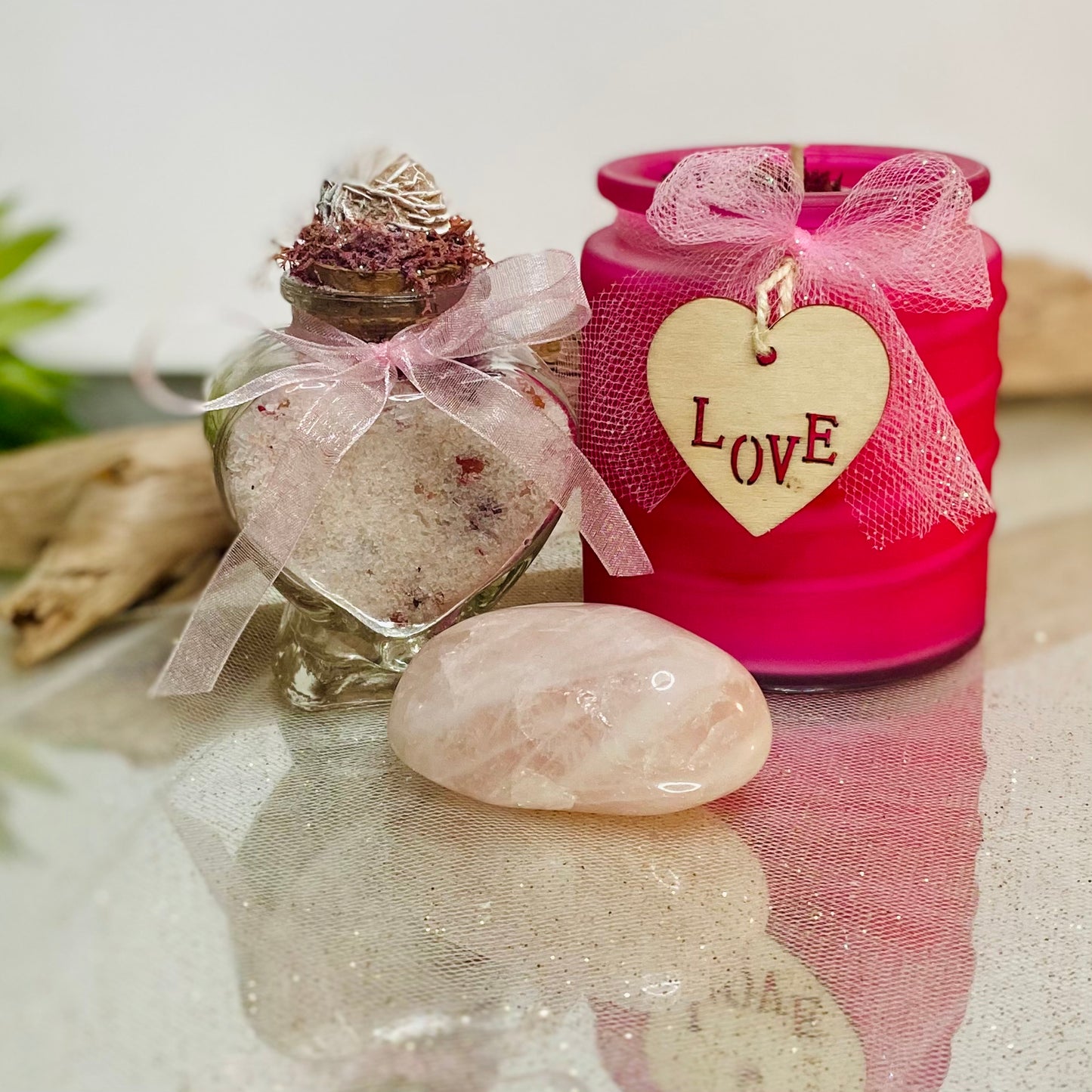 Trio of Love Gift Set: Decorated Love Candle, Heart Jar Bath Salts, Rose Quartz Crystal
