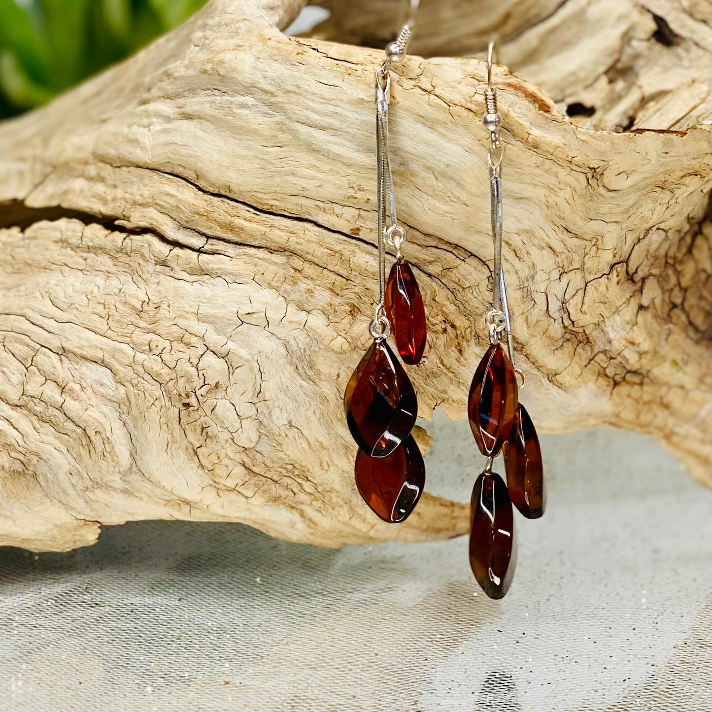 Sterling Silver Amber 3 Stone Teardrop Earrings: Nurturing Energies