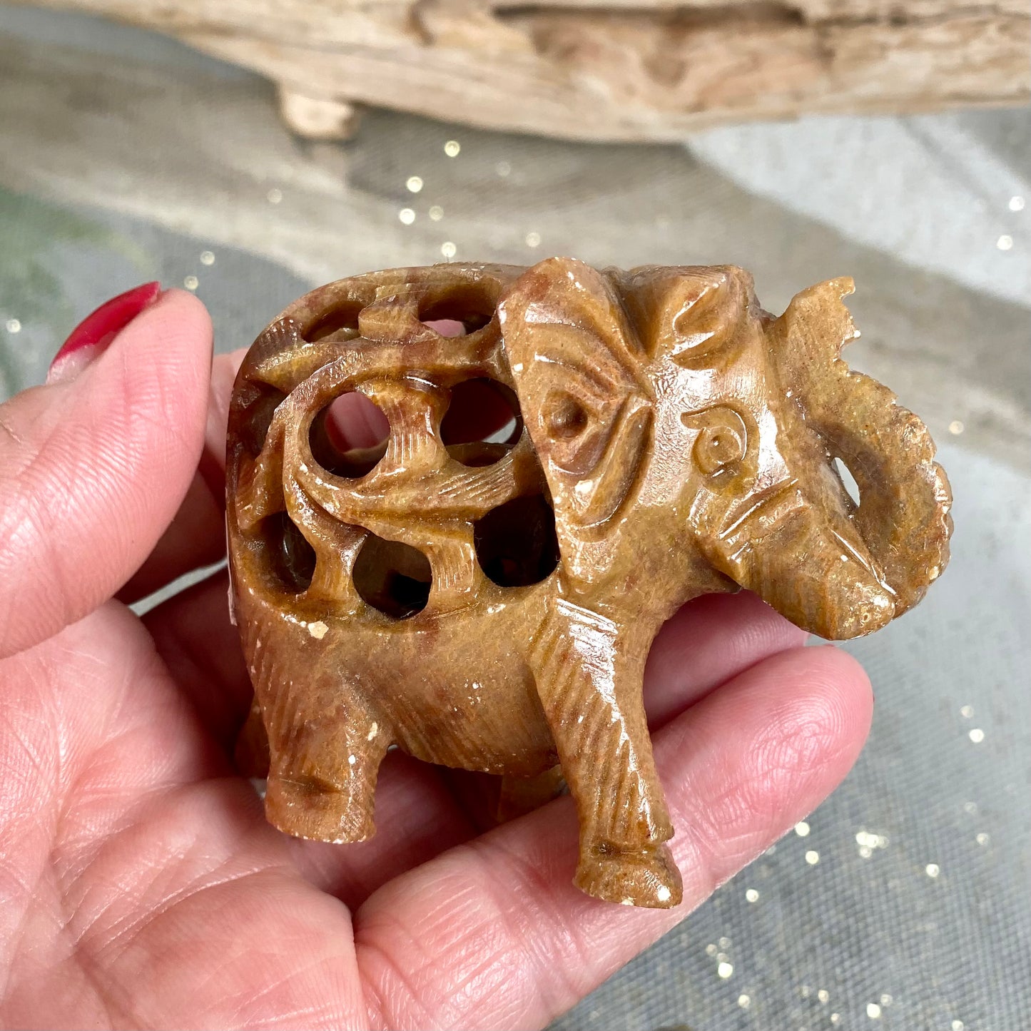 Intricate India Soapstone Elephant with Baby Inside for Peace and Calming