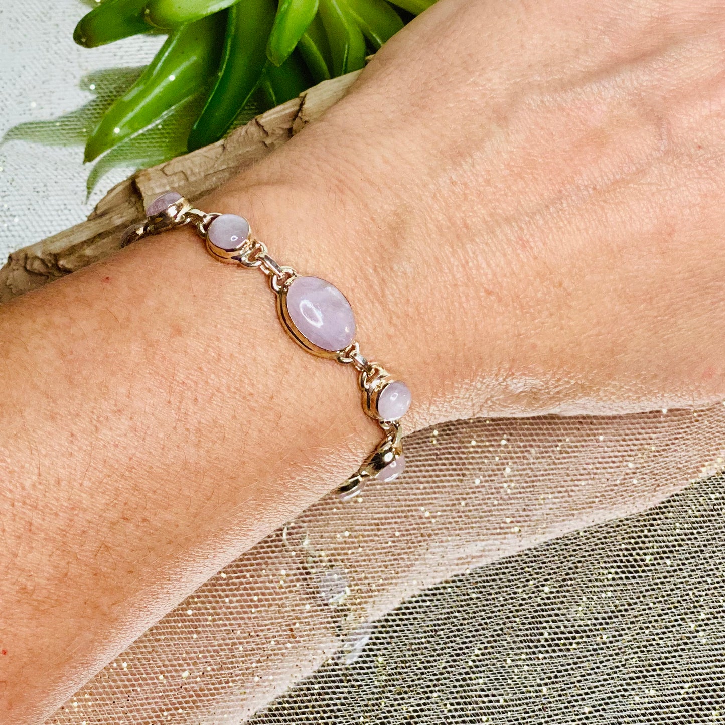 Dreamy Elegance: Kunzite Dangle Bracelet in Sterling Silver - Healing Crystal Jewelry
