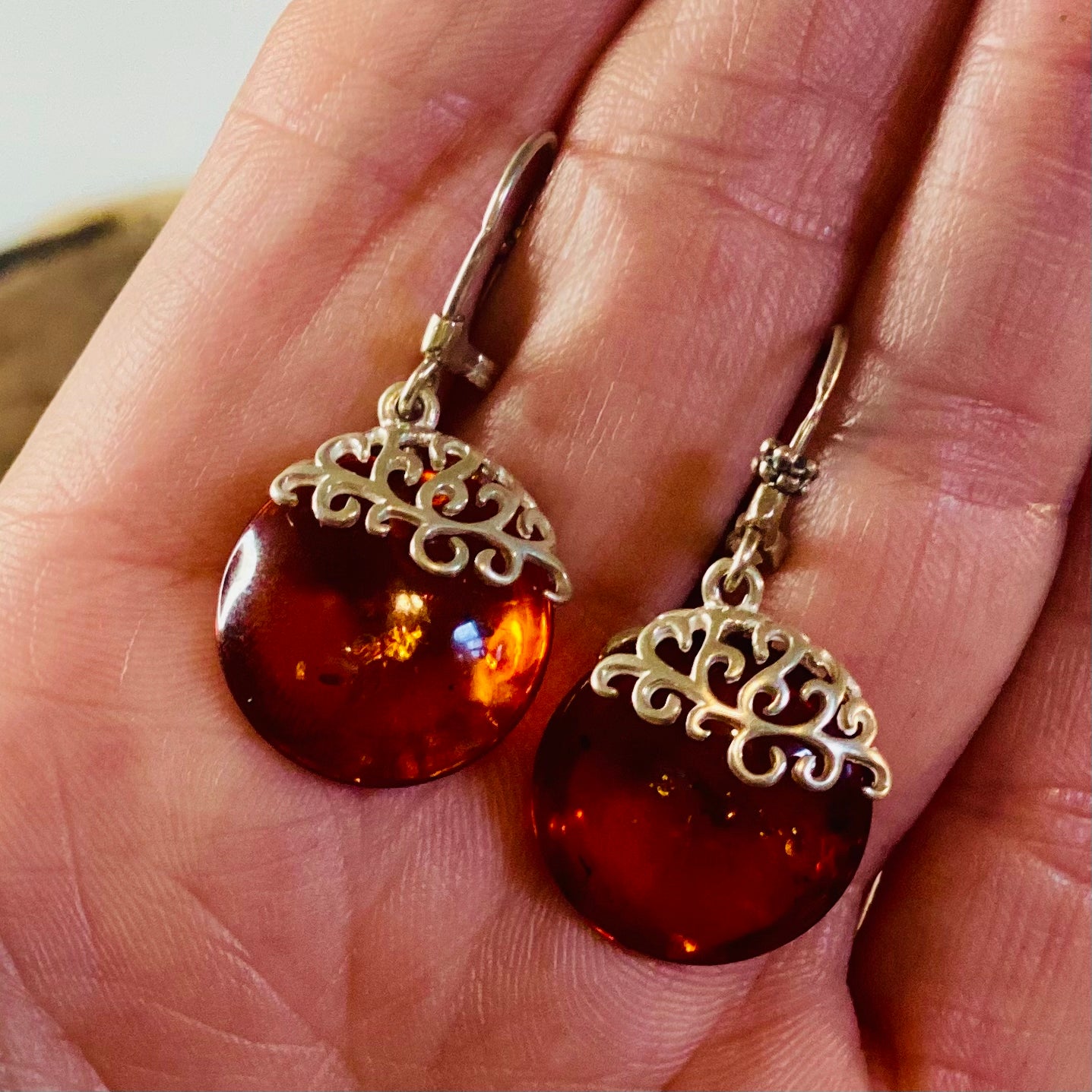 Sterling Silver Round Amber Earrings: Vitality and Grounding