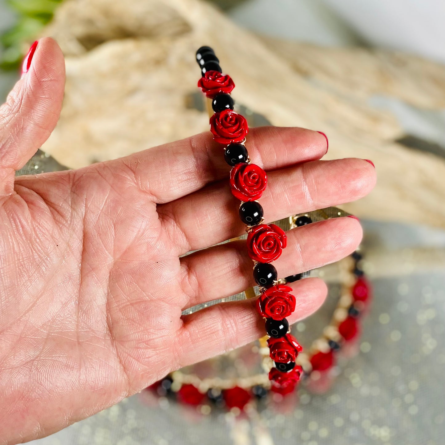 Elegant Black Obsidian Crystal Headband with Red Faux Roses