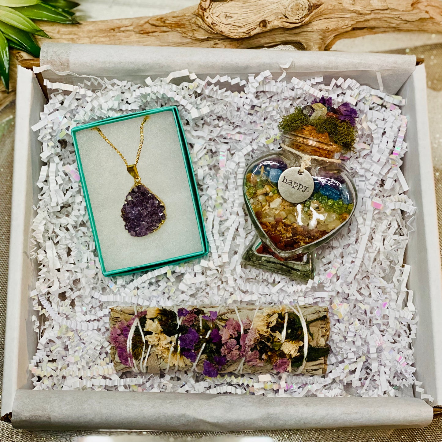 Serenity & Spirit Happy Harmony Gift Set: Sage Bundle, Amethyst Druzy Necklace, and Chakra Crystal Infused Heart Jar