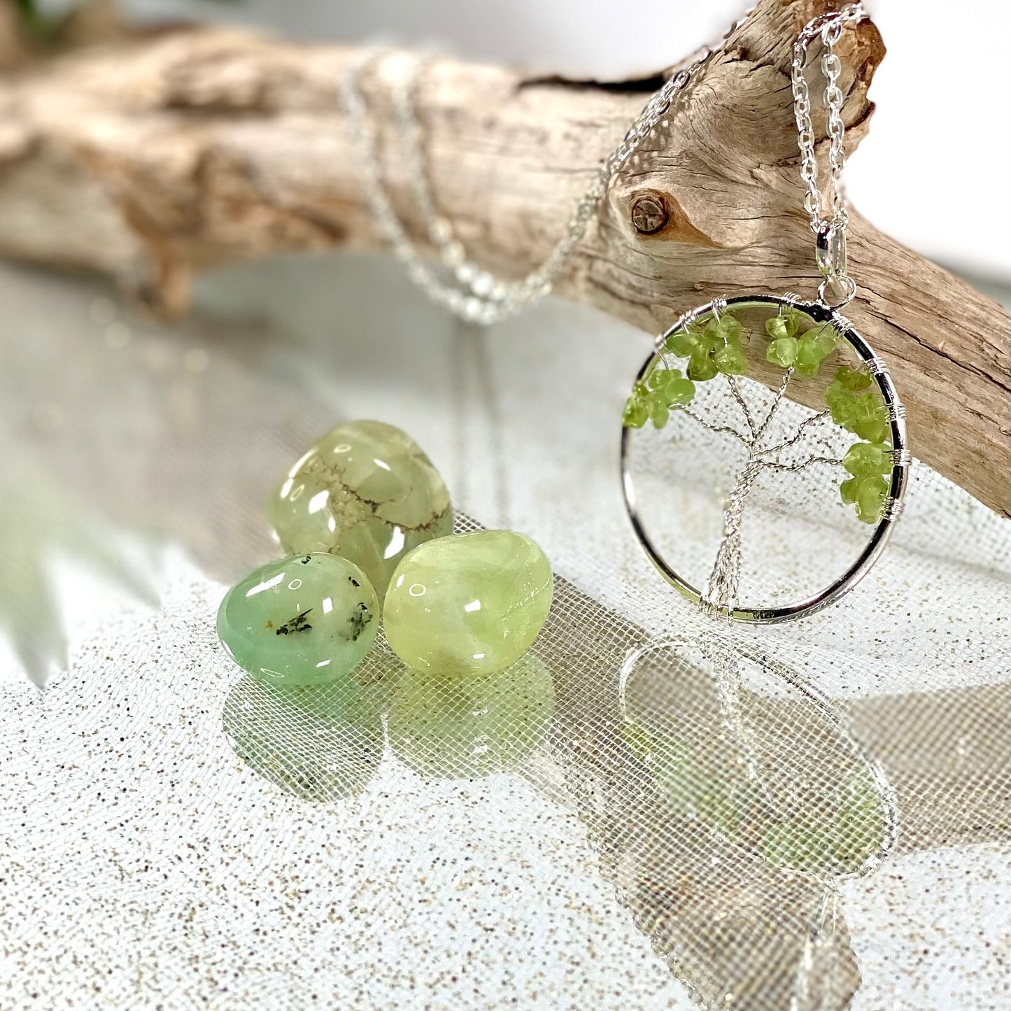 Peridot Tree of Life Necklace with Prehnite Stones & Sage Bundle - Harmony Gift Set