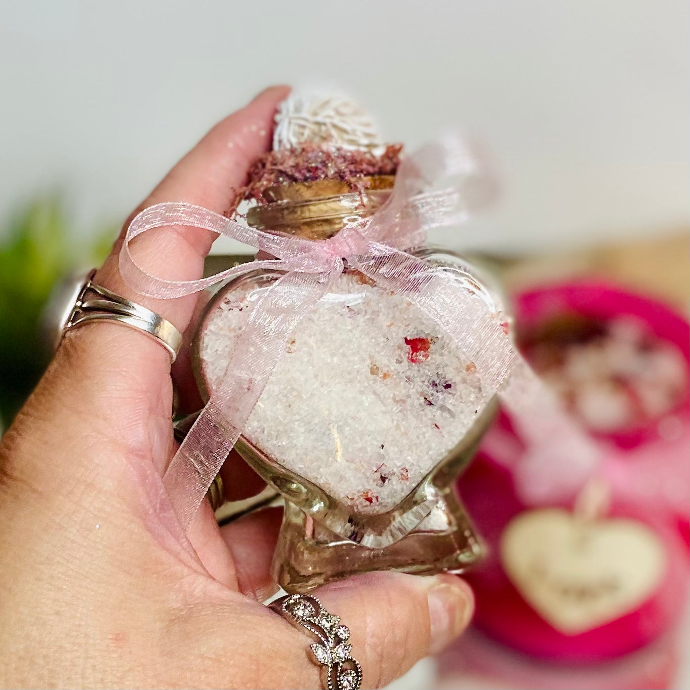 Trio of Love Gift Set: Decorated Love Candle, Heart Jar Bath Salts, Rose Quartz Crystal