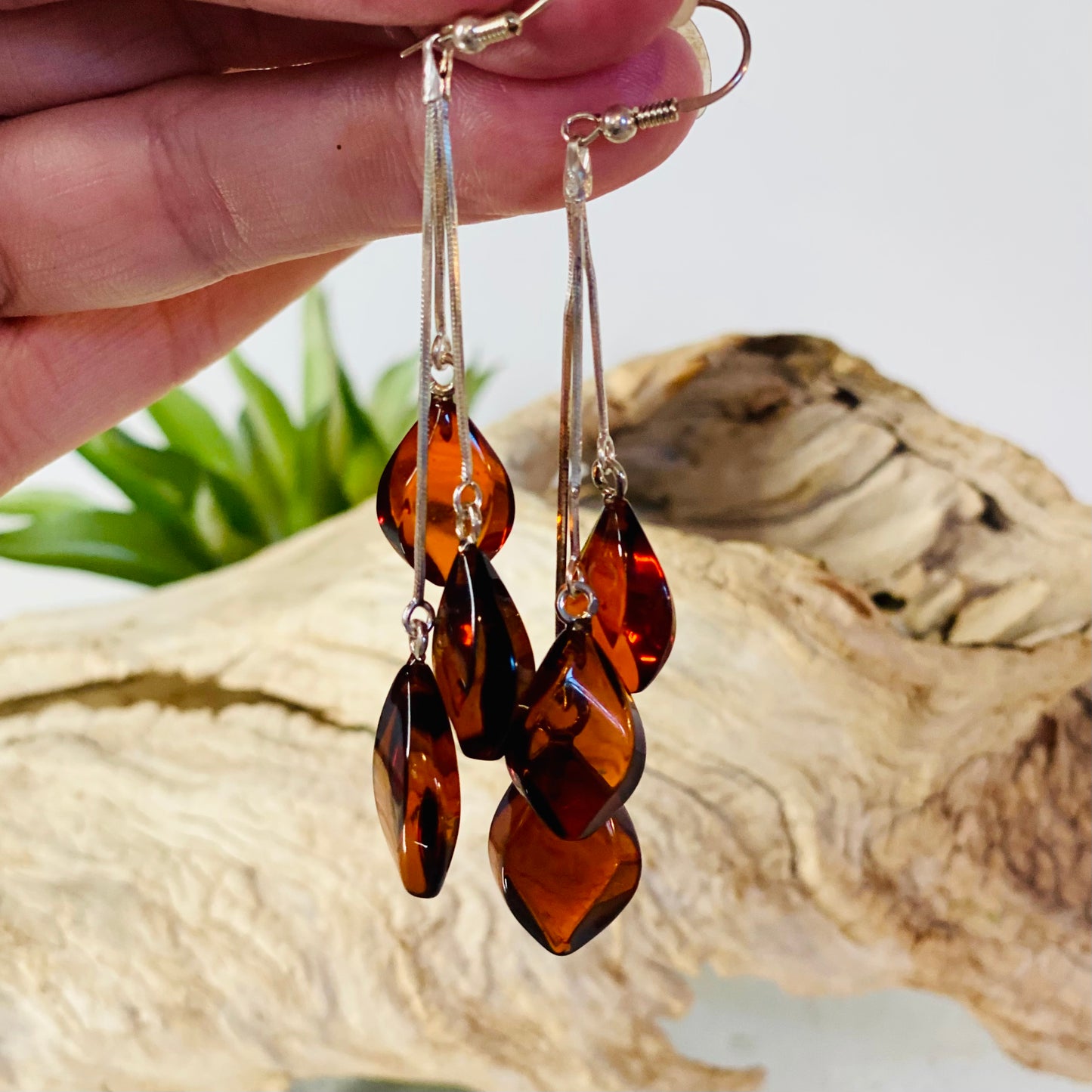 Sterling Silver Amber 3 Stone Teardrop Earrings: Nurturing Energies