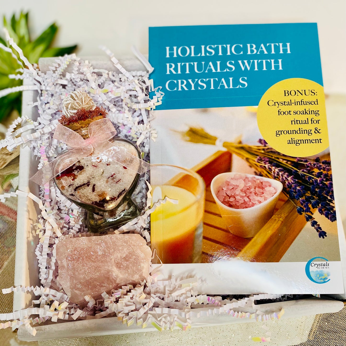 Serenity Spa Set: Rose Quartz Bath Ritual Kit with Raw Rose Quartz Chunk, Bath Salts & Book