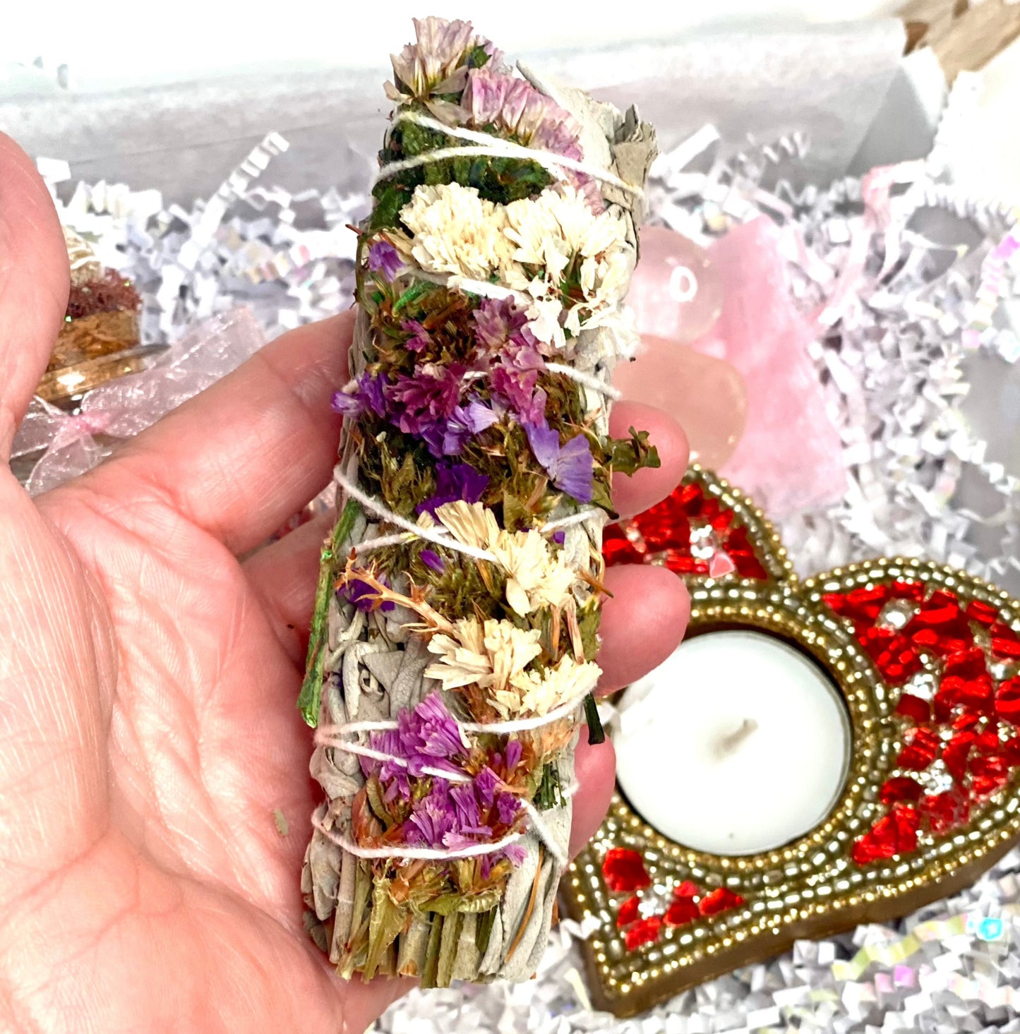Heartfelt Harmony Gift Set: Desert Rose, Bath Bliss, Sage Bundle, Rose Quartz Crystals