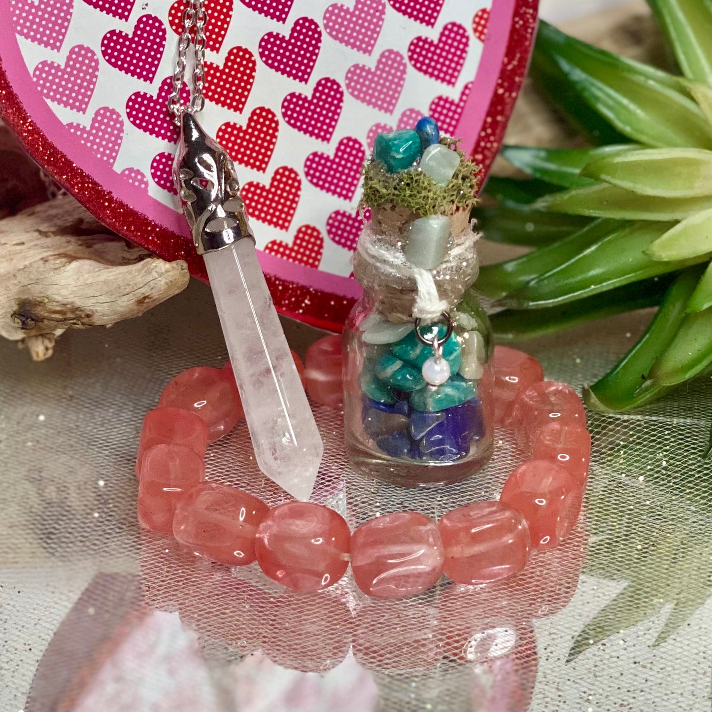 Positively Lovely Gift Set: Cherry Quartz Bracelet, Quartz Pendant, and Mini Crystal Jar
