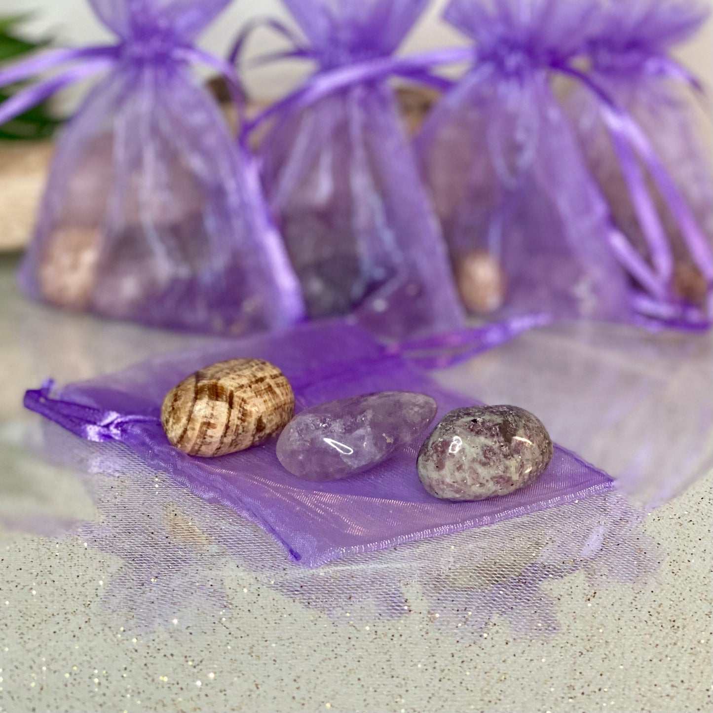 Tranquil Harmony Trio: Amethyst, Aragonite, and Lepidolite Crystal Set for Stress Relief