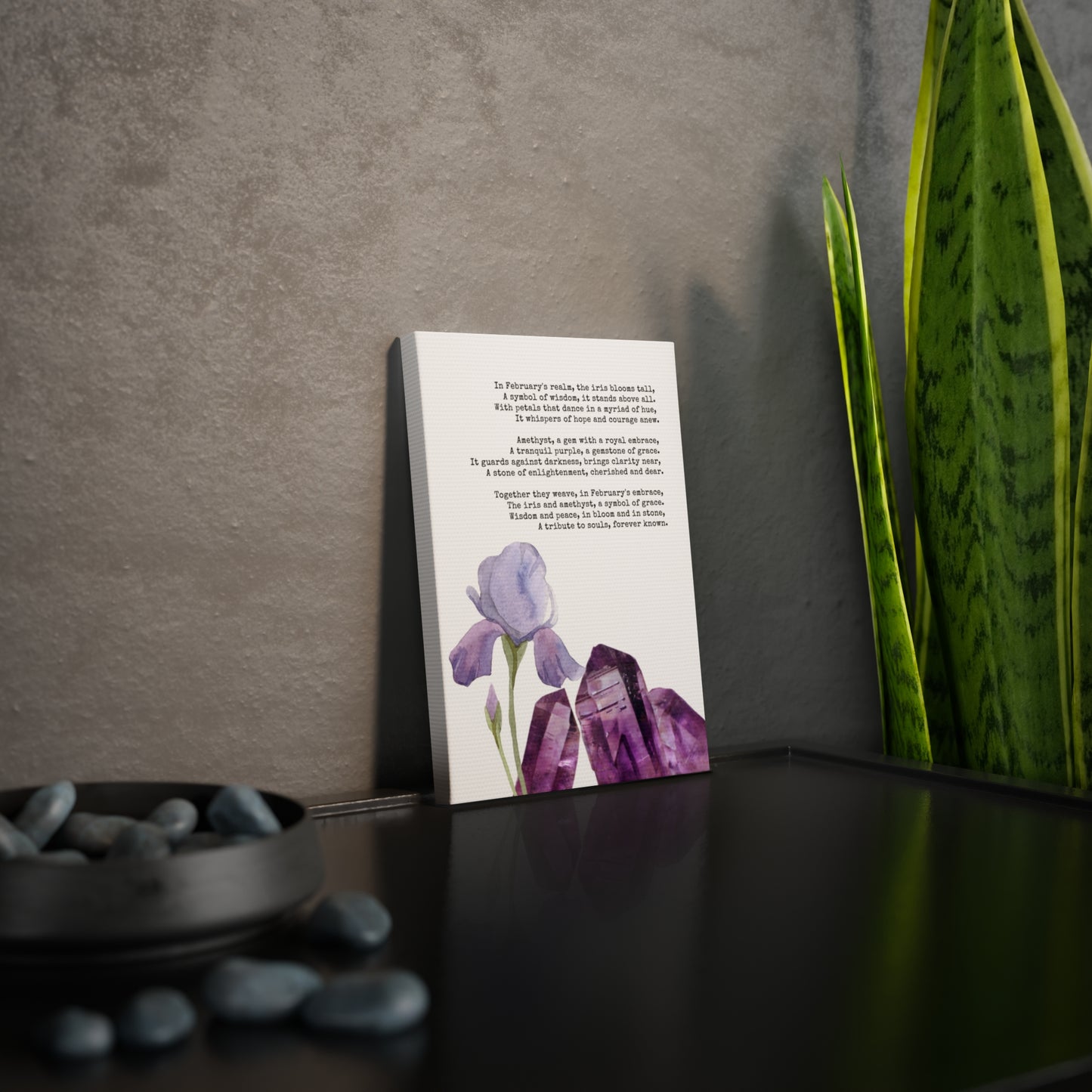 February Birth Month Poetry Canvas Tile Print - Birth Flower and Gemstone Design