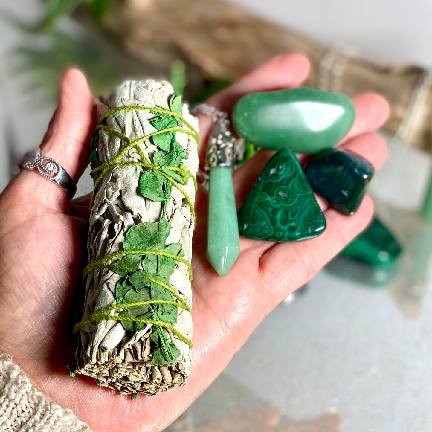 Luck & Prosperity Crystal Manifesting Gift Set - Green Aventurine Pendant, Bloodstone, Malachite, and Sacred Sage Bundle
