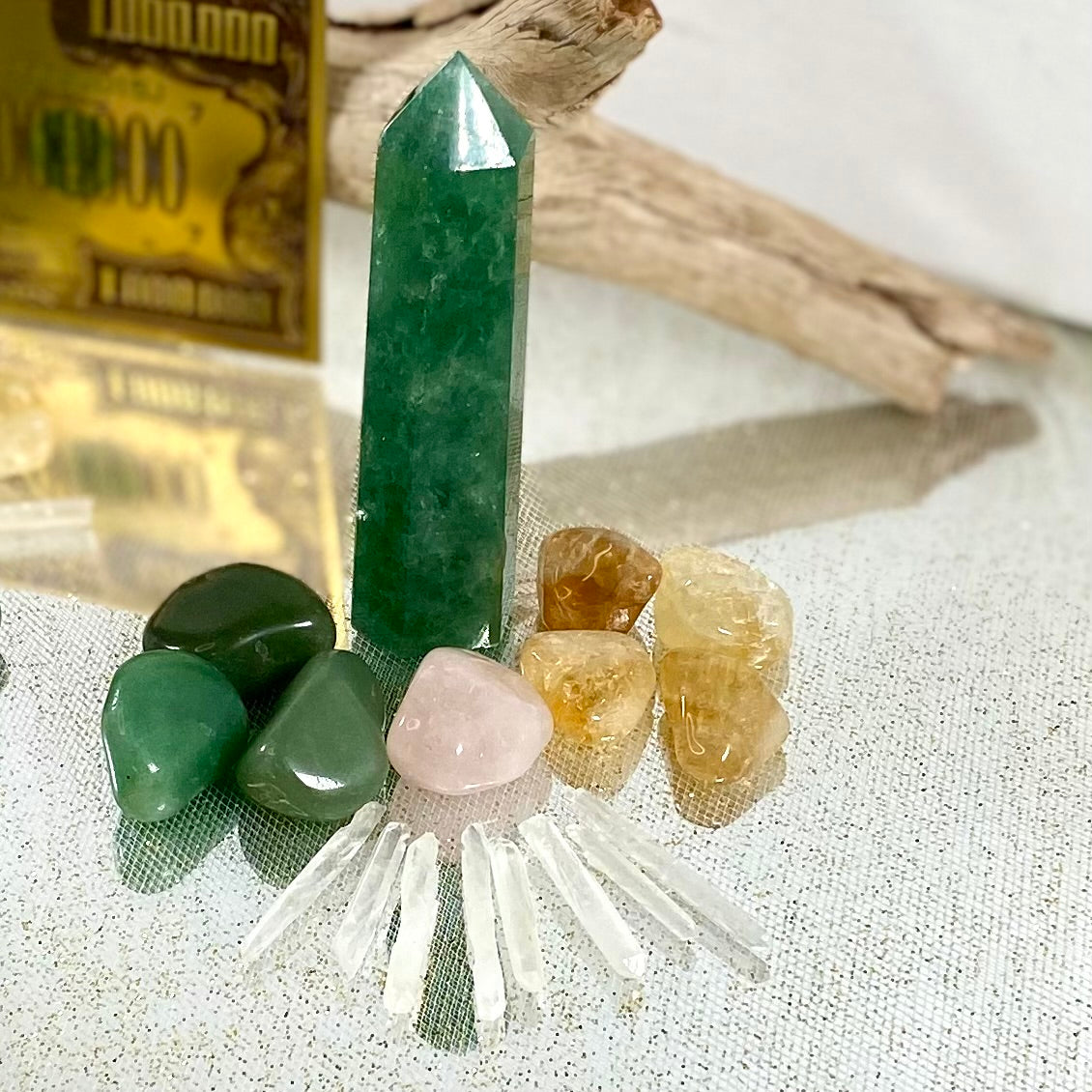Crystal Money Magnet Gift Set - Manifest Wealth with Strawberry Quartz, Green Aventurine, Citrine, and Rose Quartz