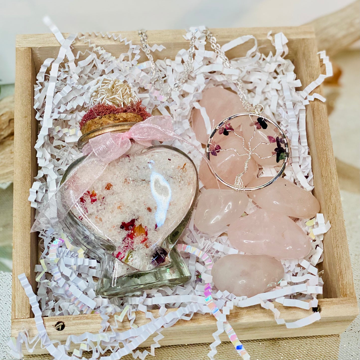 Harmony and Love Gift Set: Heart-Shaped Bath Salts with Desert Rose Crystal, Rose Quartz Tumbled Stones, and Tree of Life Necklace