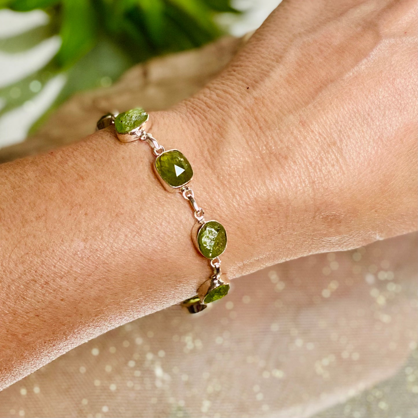 Radiant Harmony: Faceted & Raw Peridot Bracelet in Sterling Silver