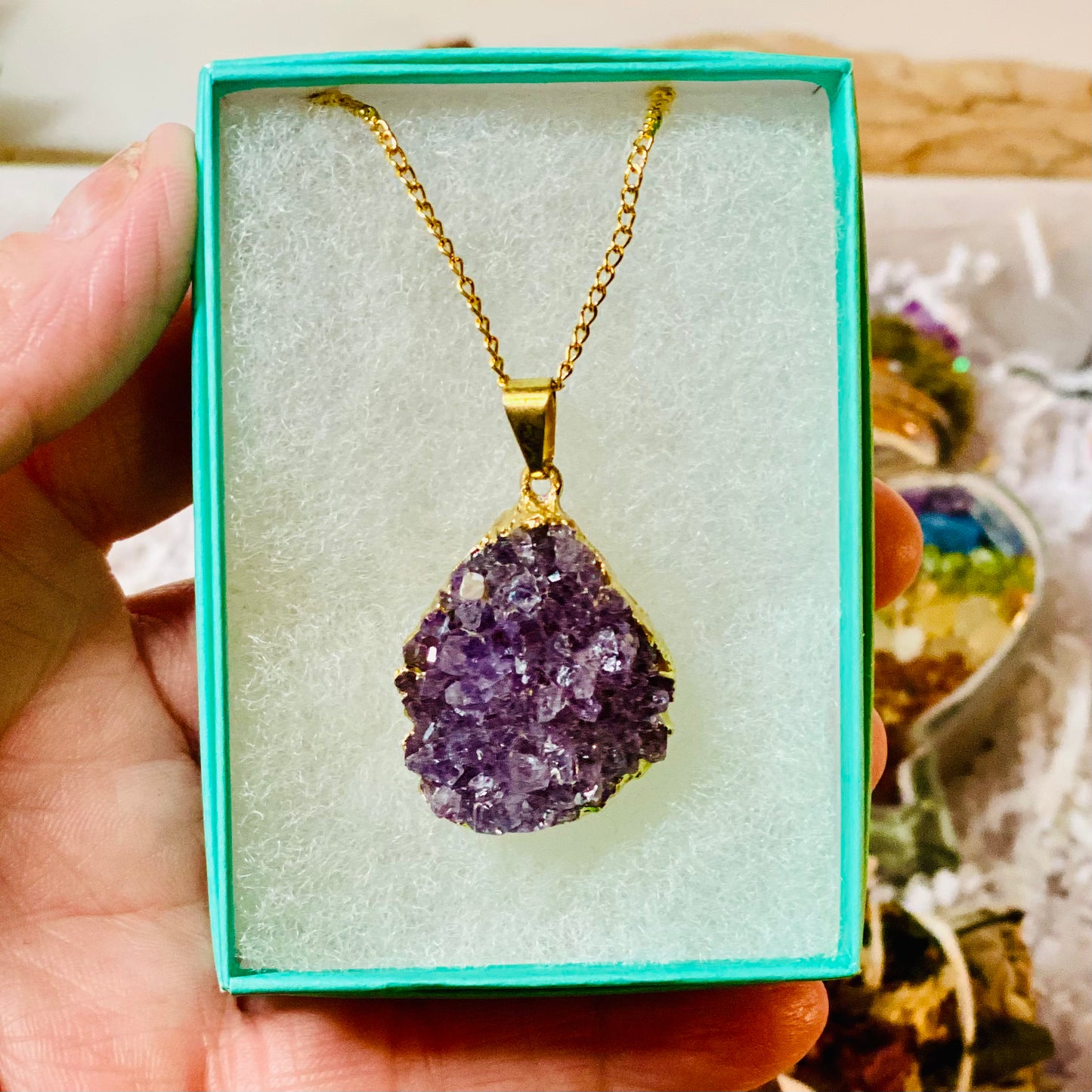 Serenity & Spirit Happy Harmony Gift Set: Sage Bundle, Amethyst Druzy Necklace, and Chakra Crystal Infused Heart Jar