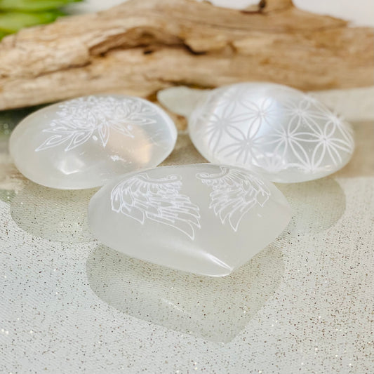 Selenite Carved Hearts & Palm Stones-CBTS