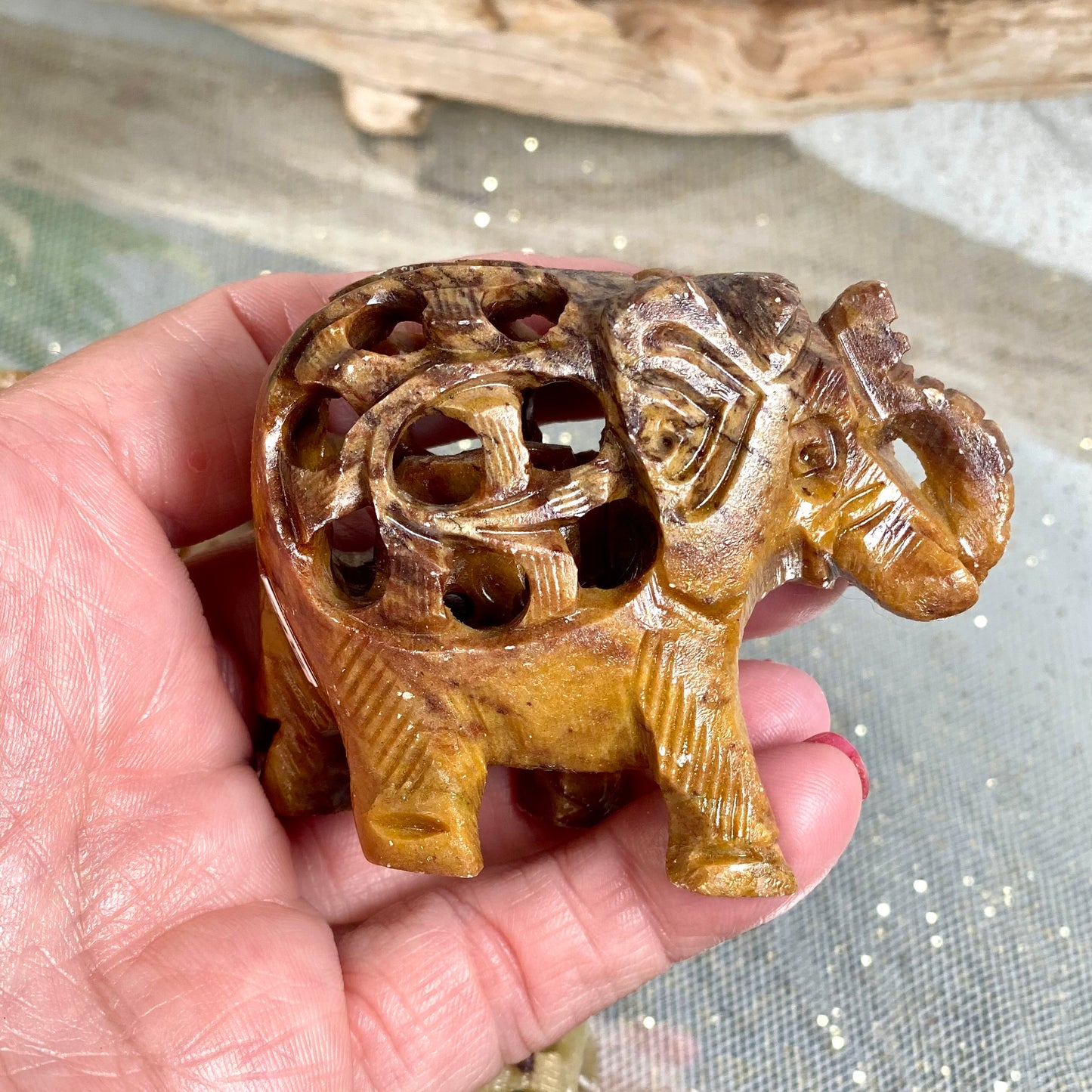 Intricate India Soapstone Elephant with Baby Inside for Peace and Calming