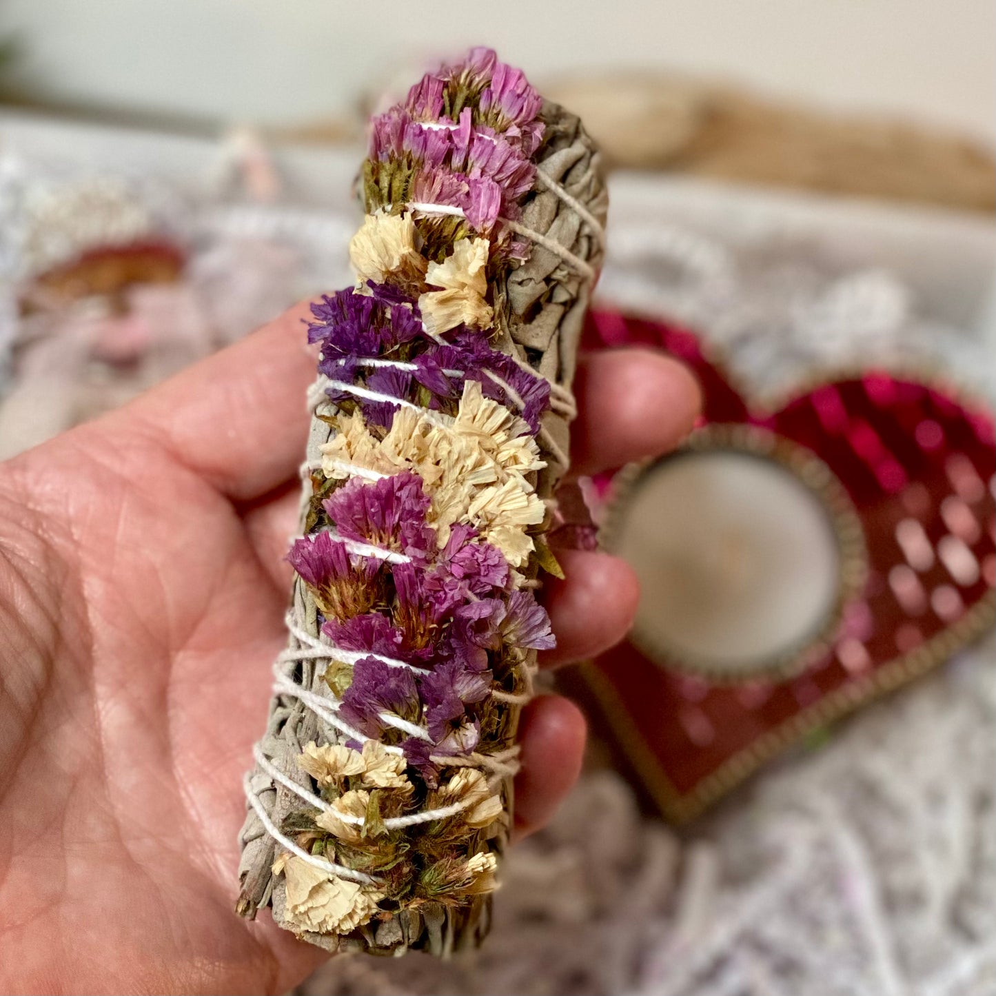 Heart's Retreat Gift Set: Himalayan & Epsom Salts, Rose Petal Bath Soak, Beaded Tealight Holder, and Sage Bundle