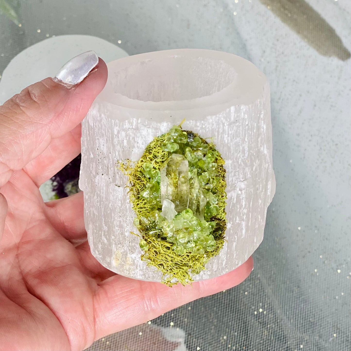 Beach-Themed Small Selenite Candle Holder Decorated with Fluorite & Peridot Crystal Chips