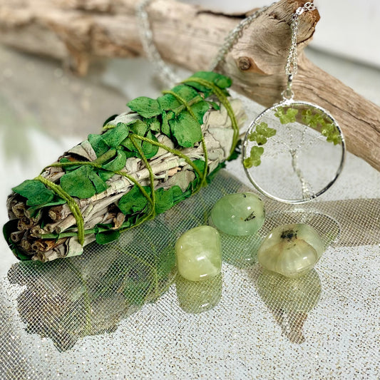 Peridot Tree of Life Necklace with Prehnite Stones & Sage Bundle - Harmony Gift Set