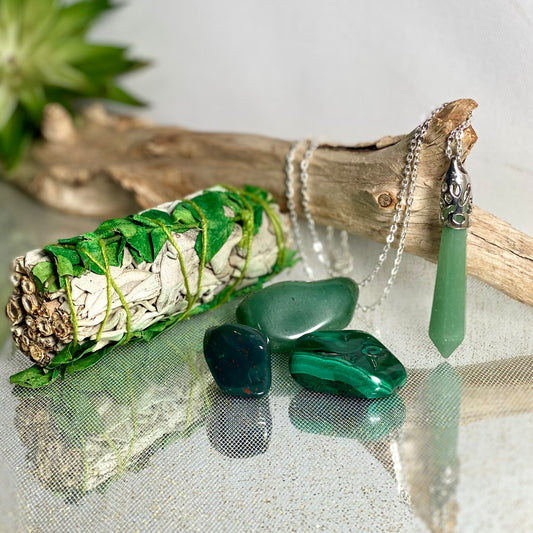 Luck & Prosperity Crystal Manifesting Gift Set - Green Aventurine Pendant, Bloodstone, Malachite, and Sacred Sage Bundle