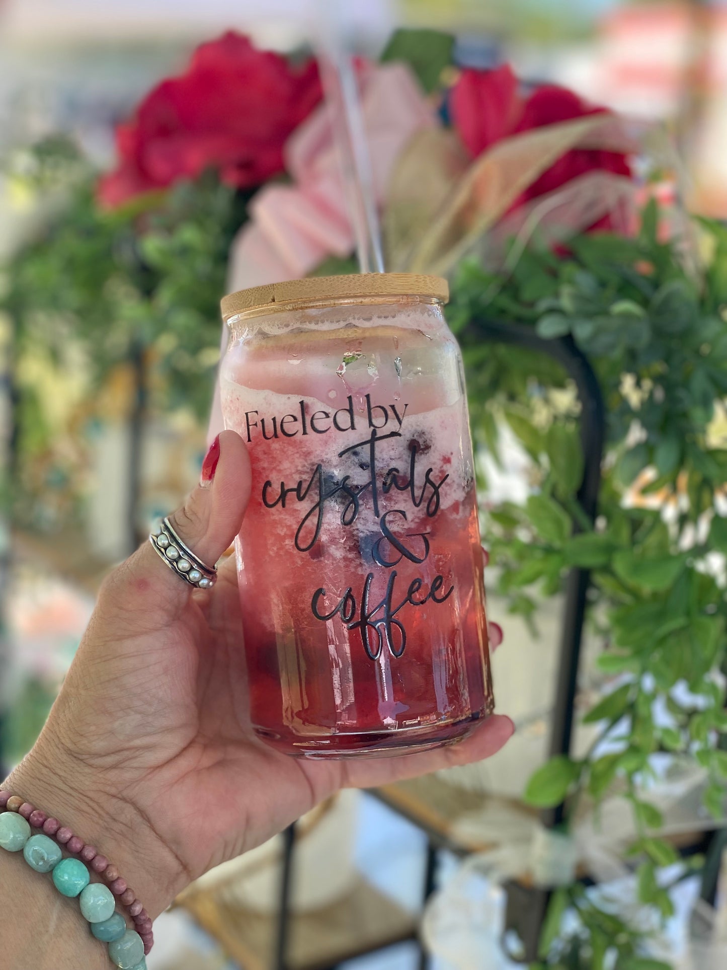Fueled By Crystals & Coffee Trending Sipper Glass, 16oz
