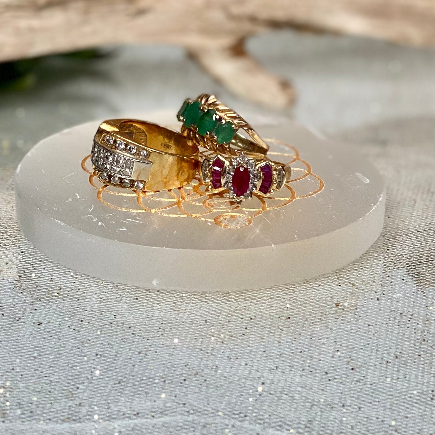 Amplify and Purify Energies with our Chakra Flower of Life Gold Engraved Selenite Charging Plates