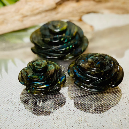 Meticulously Carved Labradorite Crystal Rose for Enhanced Intuition