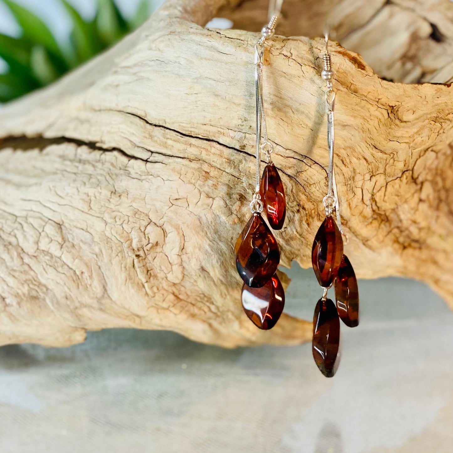 Sterling Silver Amber 3 Stone Teardrop Earrings: Nurturing Energies