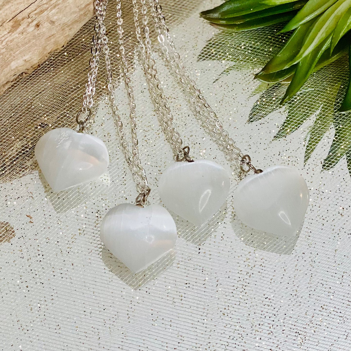 Selenite Crystal Heart Necklace with 18” Chain for Serenity and Peace