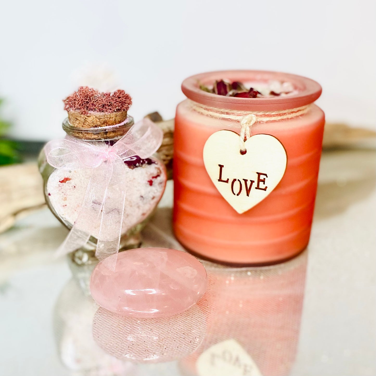 Trio of Love Gift Set: Decorated Love Candle, Heart Jar Bath Salts, Rose Quartz Crystal