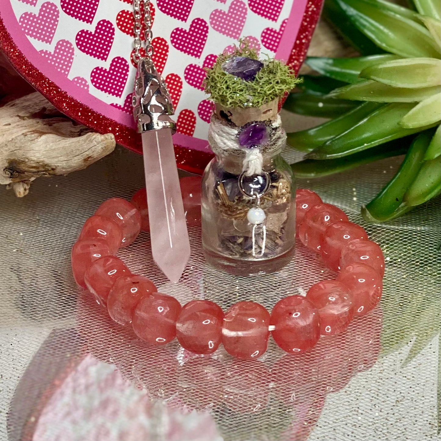 Positively Lovely Gift Set: Cherry Quartz Bracelet, Quartz Pendant, and Mini Crystal Jar