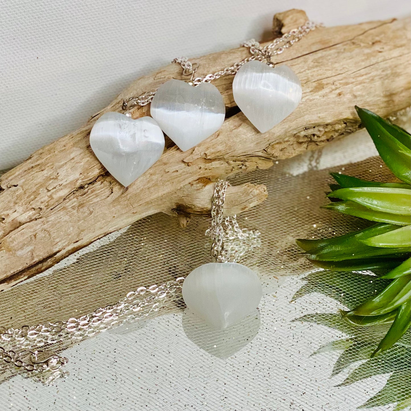 Selenite Crystal Heart Necklace with 18” Chain for Serenity and Peace