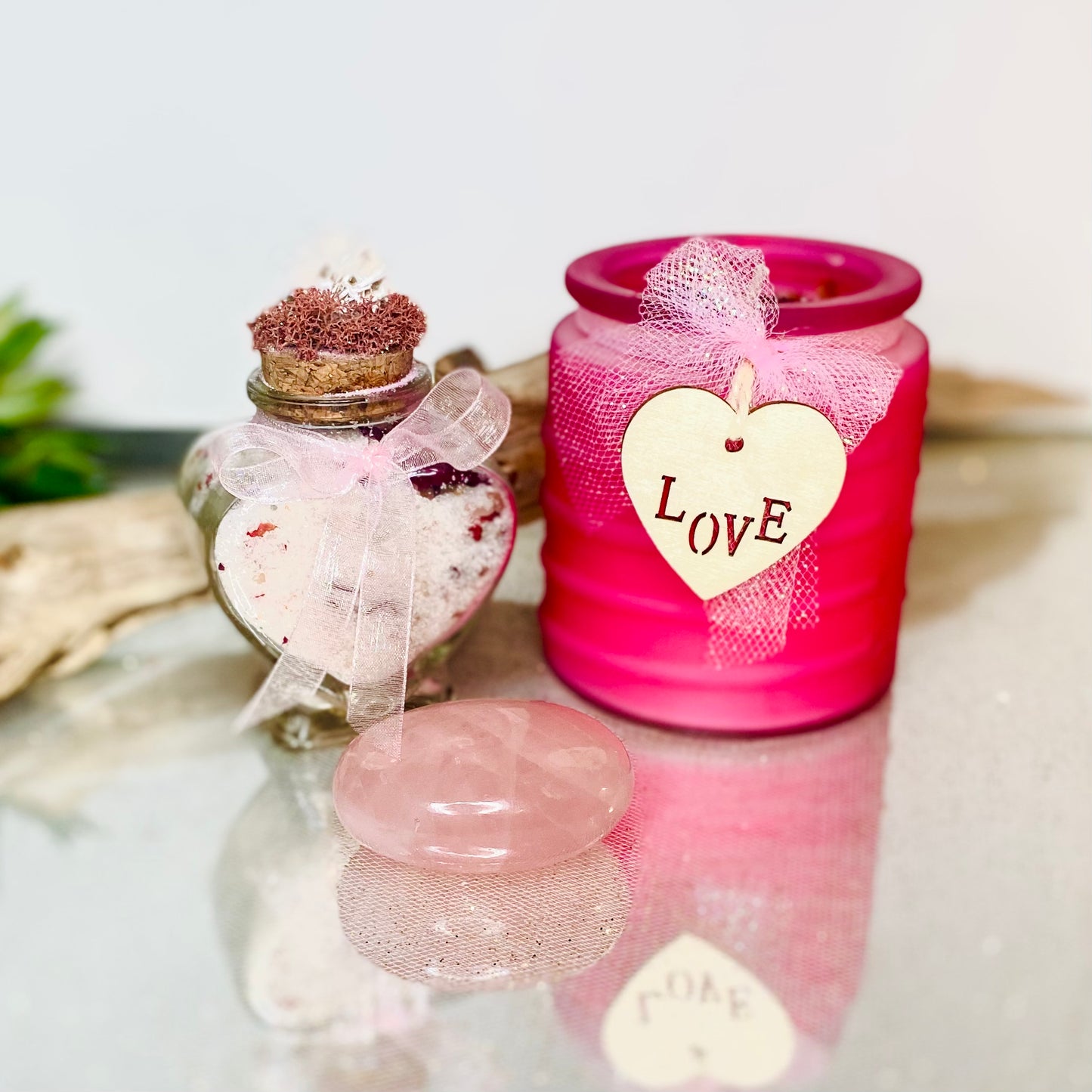 Trio of Love Gift Set: Decorated Love Candle, Heart Jar Bath Salts, Rose Quartz Crystal