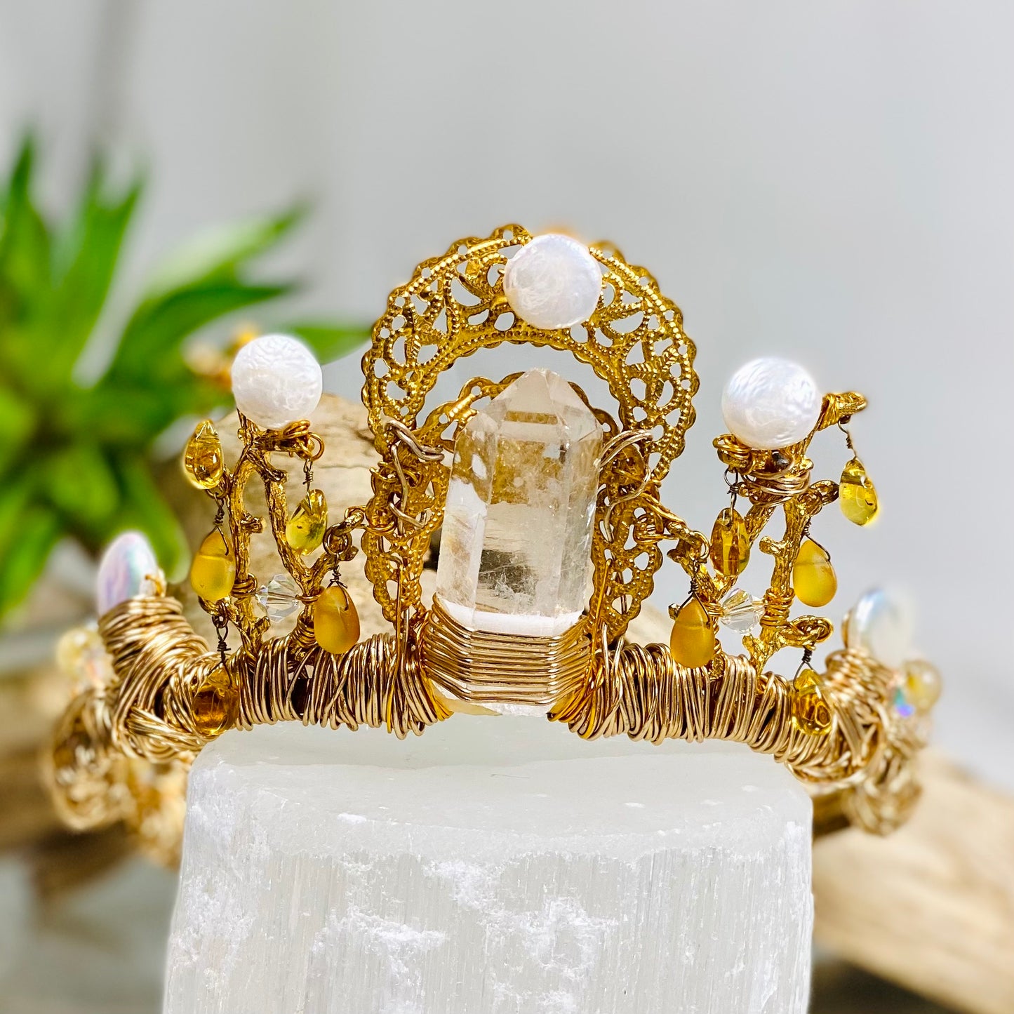 Quartz, Pearl, Rutilated Quartz Queen Crown