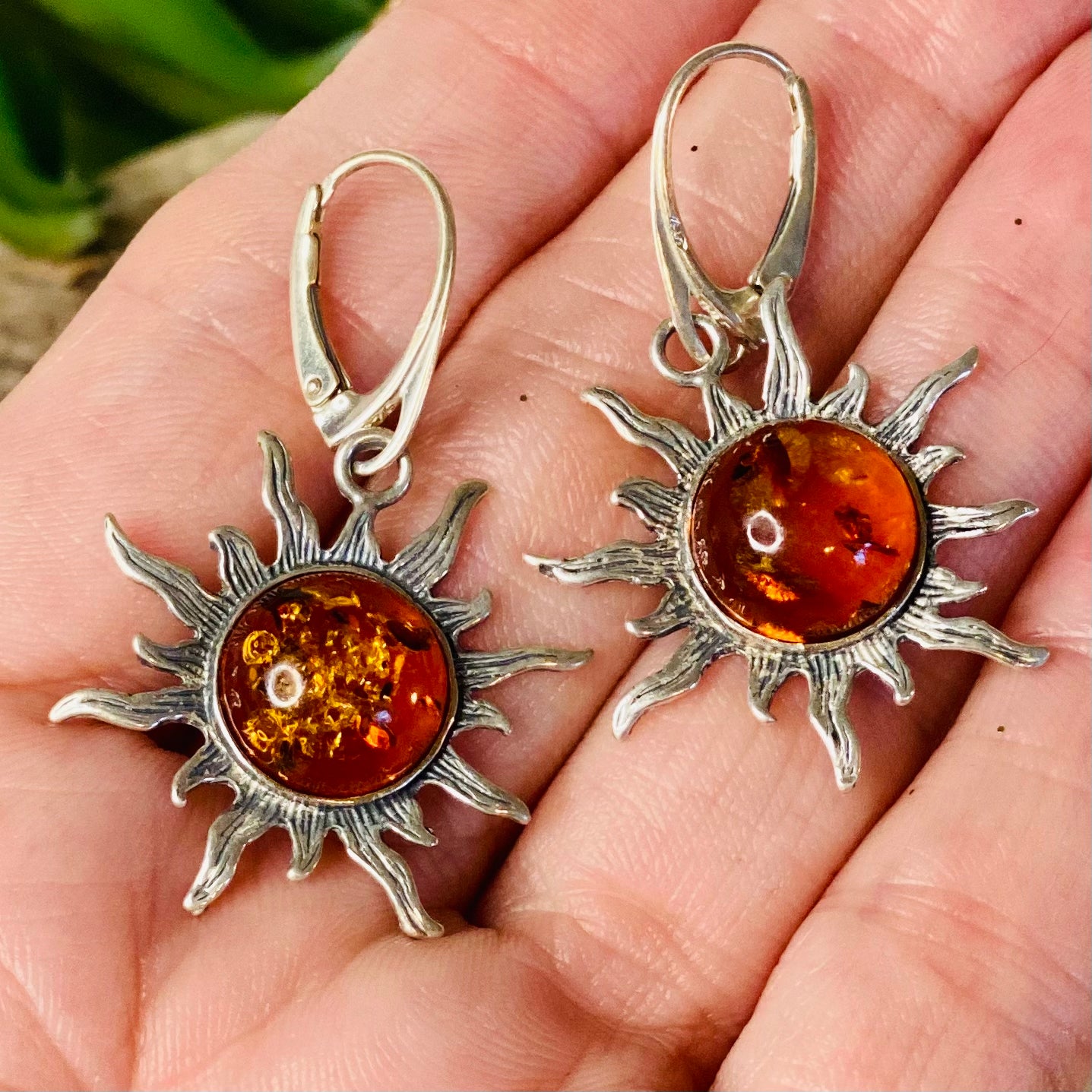 Sterling Silver Amber Sun Earrings: Radiant Healing Energies - Medium
