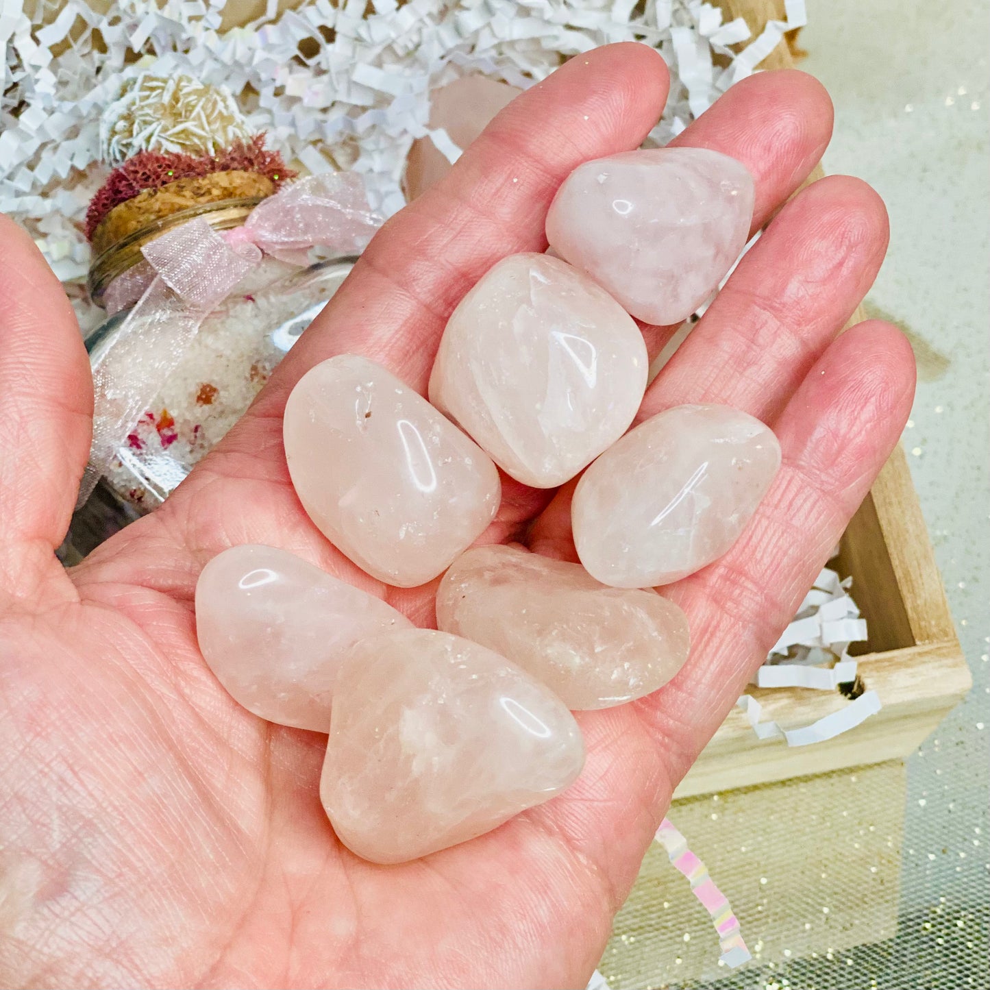 Harmony and Love Gift Set: Heart-Shaped Bath Salts with Desert Rose Crystal, Rose Quartz Tumbled Stones, and Tree of Life Necklace
